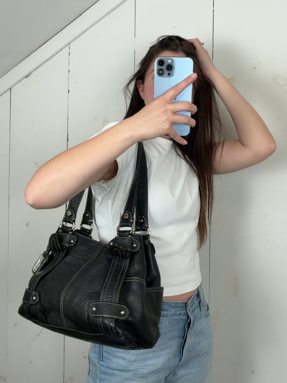 Tignanello Black Genuine Leather Shoulder Bag Silver Hardware Contrast Stitching